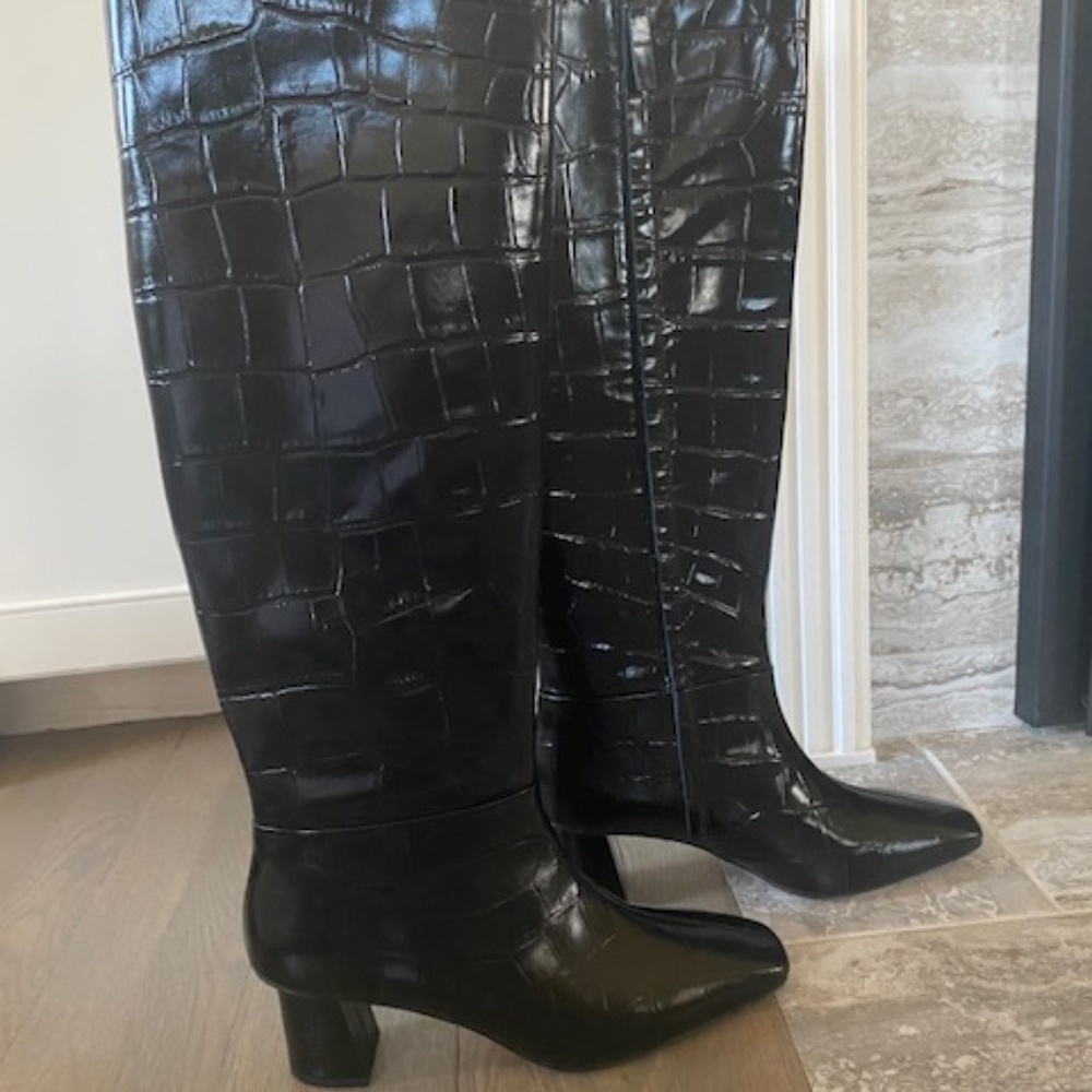 3.1 Phillip Lim Tess Square-Toe Tall Croc-Embossed Leather Knee-High boots